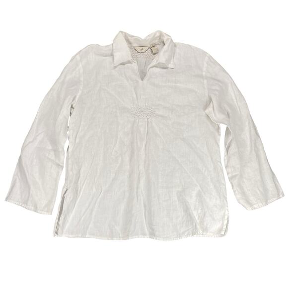 J. Jill White Linen Popover Collared Top Womens Size Medium Petite 3/4 Sleeve - Picture 15 of 15